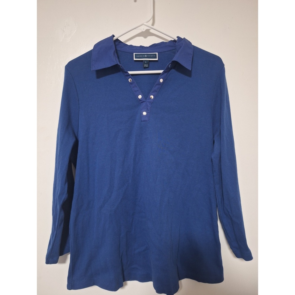 Karen Scott Womens Top Large Blue Long Sleeve Polo Shirt Silver Snap V Neck